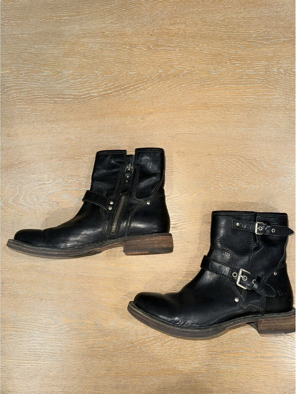 UGG Fabrizia Boots Women 7.5 US Black Leather Zip Ankle Buckle Shearling Shoes